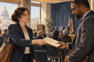 Conceptual painting of a policy researcher sharing a briefing with a government staffer.