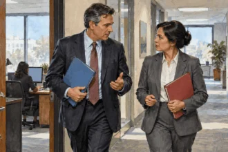 Conceptual painting of two interagency deputies comparing blank briefing folders in an office corridor.