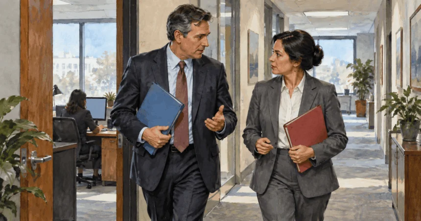 Conceptual painting of two interagency deputies comparing blank briefing folders in an office corridor.