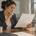 Conceptual painting of an economist studying an unlabeled line graph at a desk, with a government building across the street.