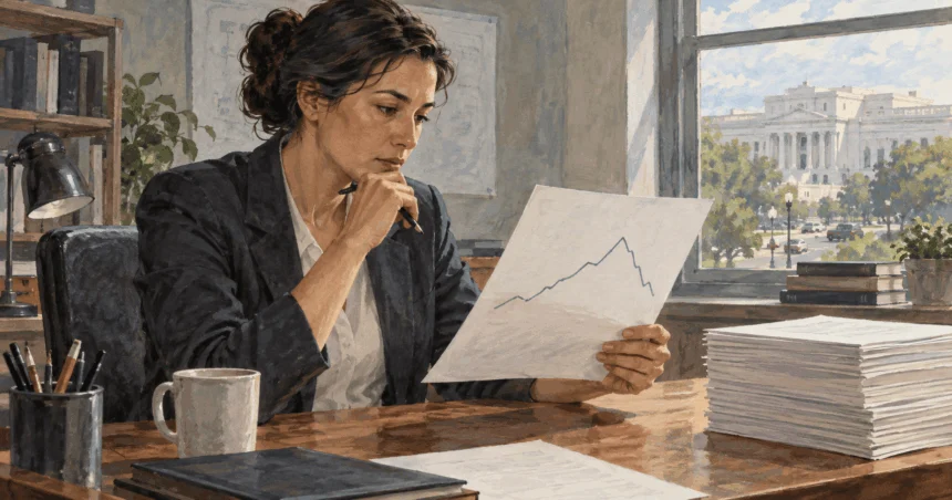 Conceptual painting of an economist studying an unlabeled line graph at a desk, with a government building across the street.