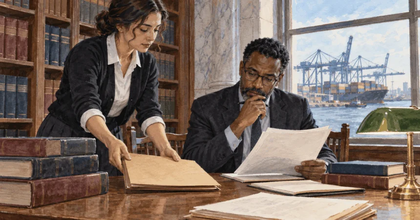 Conceptual painting of two people studying a closed case folder at a courthouse table, with a freight port beyond the window.