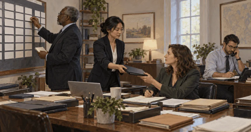 Executive-office aides exchange briefing folders in a corridor.