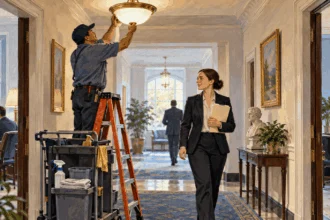 Conceptual painting of a facilities worker fixing a ceiling light while office staff pass nearby.