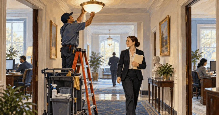 Conceptual painting of a facilities worker fixing a ceiling light while office staff pass nearby.