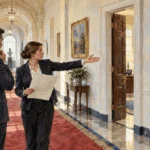 Conceptual painting of an aide guiding a visitor through a government office corridor.