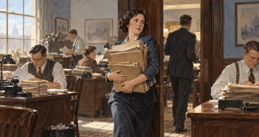 Conceptual painting of presidential aides managing a growing workload in a period office.