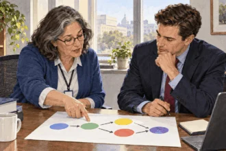 Conceptual painting of a career specialist explaining a simple workflow to a new agency leader.