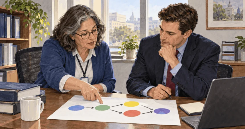 Conceptual painting of a career specialist explaining a simple workflow to a new agency leader.