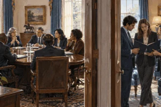 Conceptual painting of Cabinet officials and White House staff working in adjacent rooms.