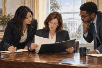 Institutional lawyer reviews a blank policy folder with White House staff.