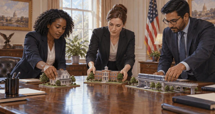 Conceptual painting of domestic policy aides coordinating service priorities.