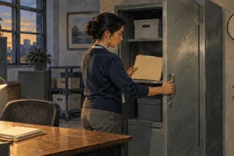 Painted illustration of a records custodian closing a metal cabinet in an office.