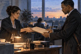 Conceptual painting of one intelligence analyst handing a closed briefing folder to another worker before dawn.