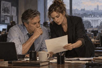Journalists review a document in a fictional newsroom.