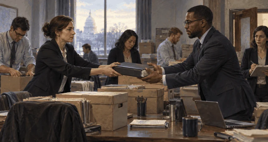 Outgoing and incoming staff exchange an operations binder.