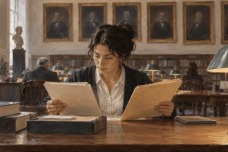 Conceptual painting of a researcher comparing appointment records in a presidential archive.