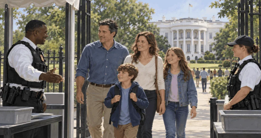 Conceptual painting of a family entering a staffed White House public event.