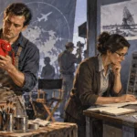 Conceptual painting of film-prop worker holds a bright red telephone on an obvious Cold War movie set while a researcher beside them examines a plain historical communications console.