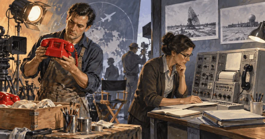 Conceptual painting of film-prop worker holds a bright red telephone on an obvious Cold War movie set while a researcher beside them examines a plain historical communications console.