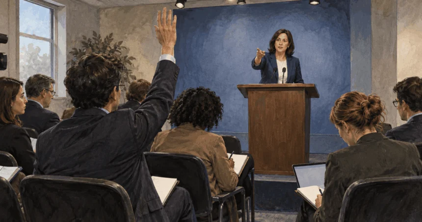 Conceptual painting of a spokesperson calling on a reporter in an unbranded briefing room.