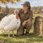 Conceptual painting of a handler standing beside a live turkey before a public presentation.