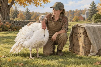 Conceptual painting of a handler standing beside a live turkey before a public presentation.