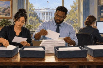 Conceptual painting of correspondence staff sorting letters sent to the White House.