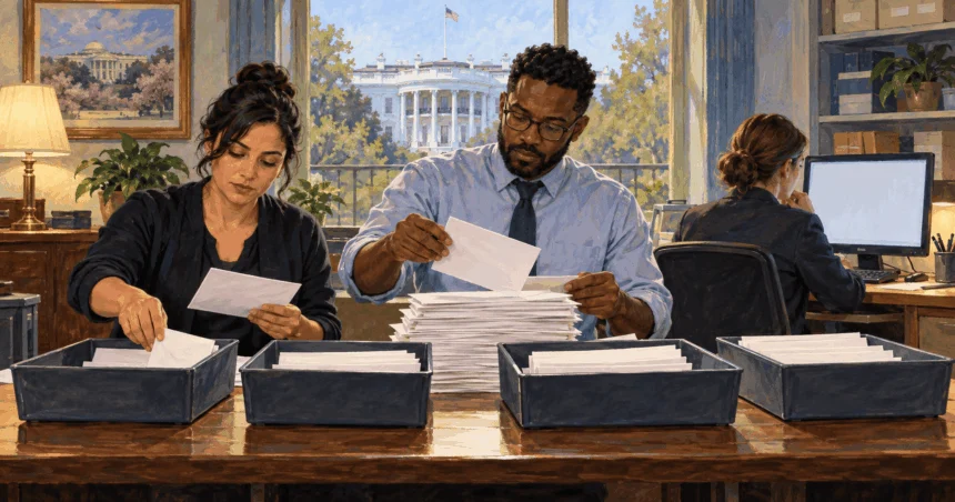 Conceptual painting of correspondence staff sorting letters sent to the White House.