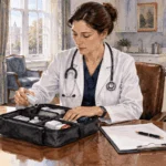 Conceptual watercolor painting of physician checks medical readiness kit.