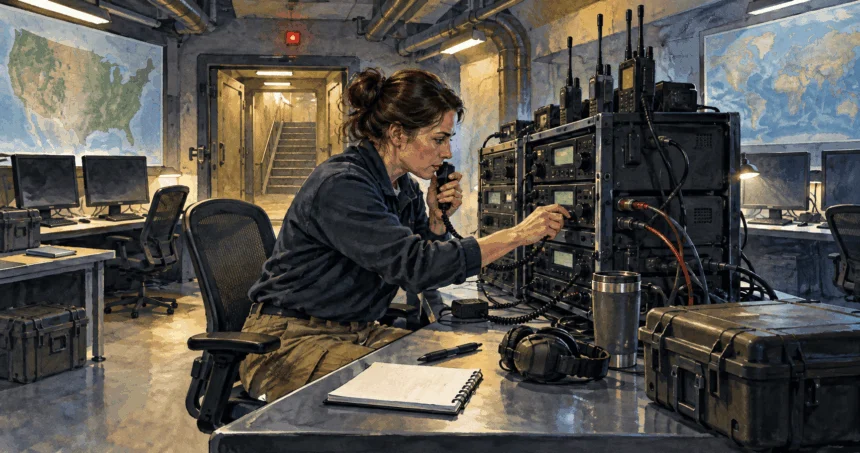 Conceptual painting of a specialist testing backup communications equipment in an alternate command room.