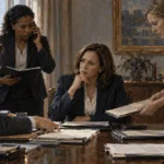 A vice president and staff coordinate briefings around a worktable.