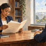 Conceptual painting of an investigator reviewing a background folder with a prospective staff member.