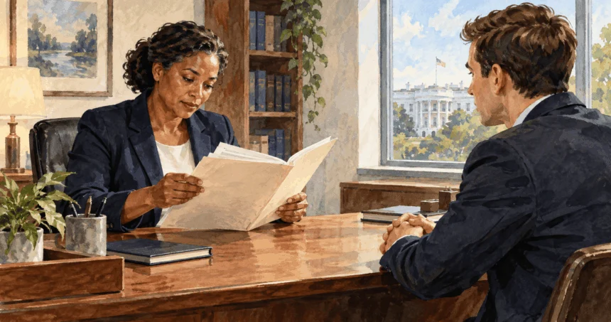 Conceptual painting of an investigator reviewing a background folder with a prospective staff member.