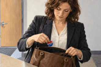 Conceptual painting of a federal worker putting a campaign button into a handbag before work.