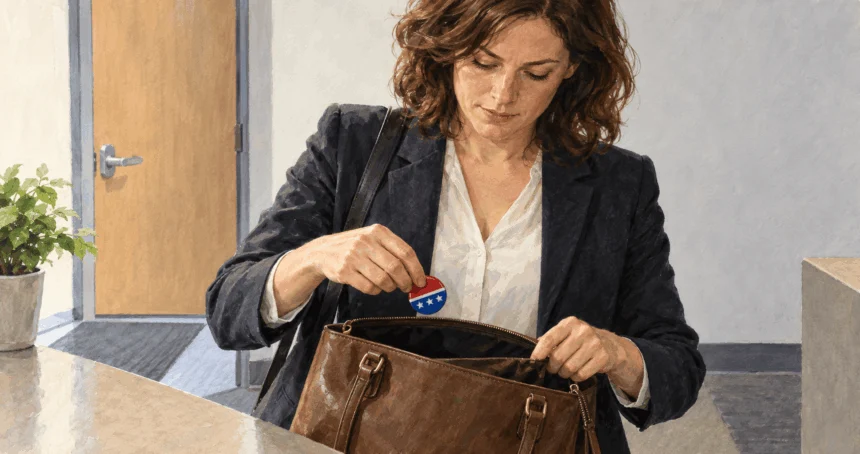 Conceptual painting of a federal worker putting a campaign button into a handbag before work.