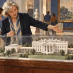 Painted illustration of a visitor studying the White House complex from a public viewpoint.