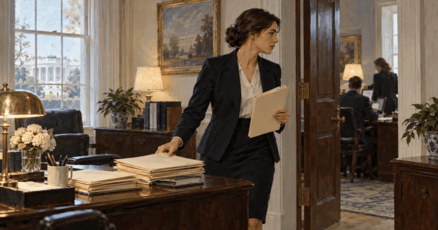 A fictional staff secretary organizes document folders.