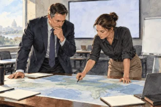Conceptual watercolor painting of adviser and planner review generic preparedness map.