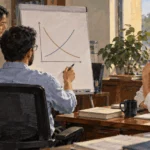 Conceptual painting of economists discussing an unlabelled graph with a policy staffer.