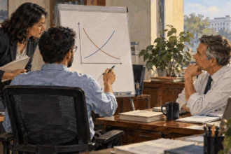 Conceptual painting of economists discussing an unlabelled graph with a policy staffer.