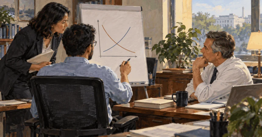 Conceptual painting of economists discussing an unlabelled graph with a policy staffer.