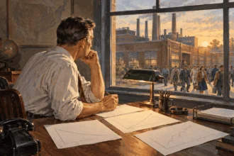 Conceptual late-1940s painting of an economist studying simple graphs as workers leave a factory shift.