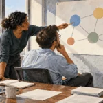 Conceptual painting of two economists discussing abstract employment trends in a small office.