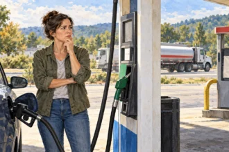 Driver considering the cost of gasoline at a pump.