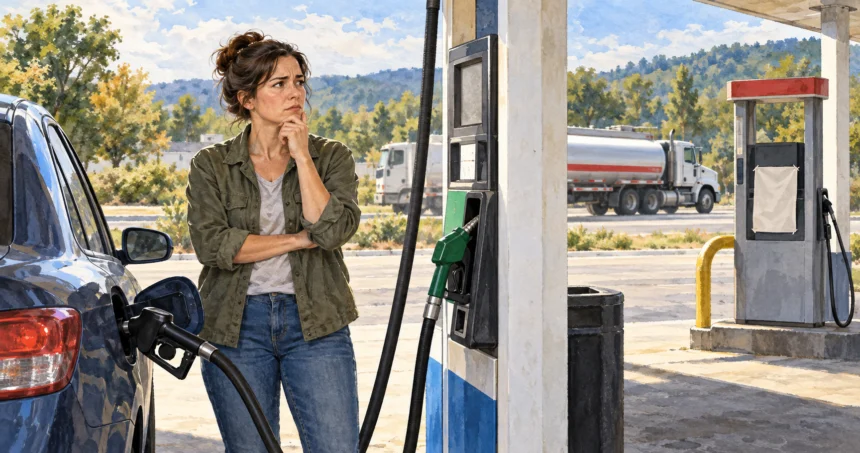 Driver considering the cost of gasoline at a pump.