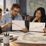 Conceptual painting of economists comparing two possible trend sketches.