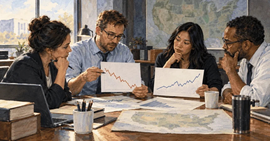 Conceptual painting of economists comparing two possible trend sketches.