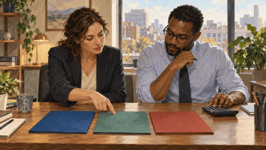 Painted illustration of policy workers comparing separate economic briefing folders.