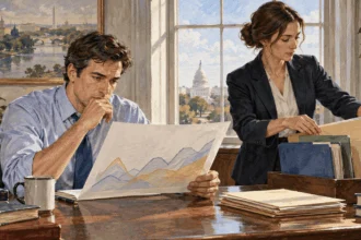 Conceptual watercolor painting of economic advisers work on analysis and coordination.